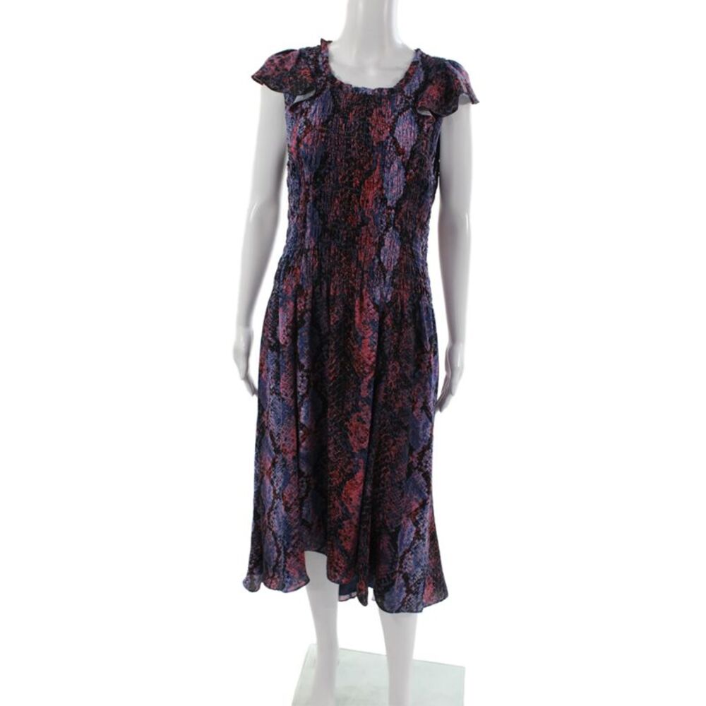 Parker Women Long Shift Dress Blue Animal Print Short Sleeve Zip Size L